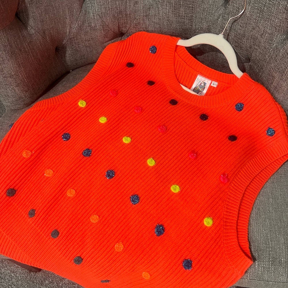 QUEEN OF SPARKLES Bright Orange Knit Top with Multicolor Dots